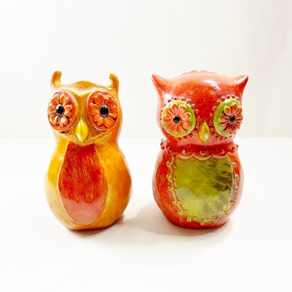 Set of 2 Orange Red & Green Wooden Owls - Cute Home Decor Rustic/Cabincore